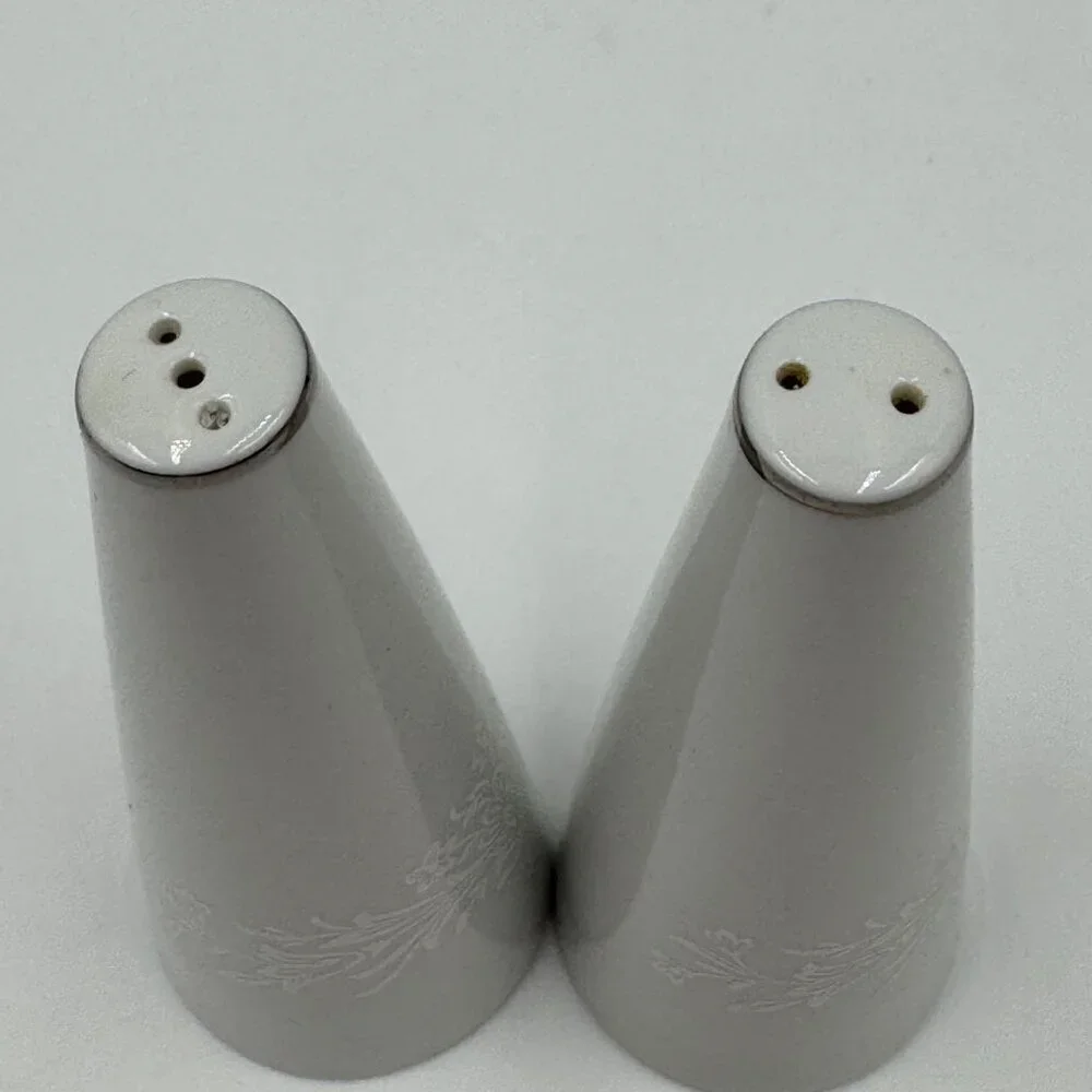 White Filigree Flower Sprays on White by Parkleigh Salt & Pepper Shaker Set Made